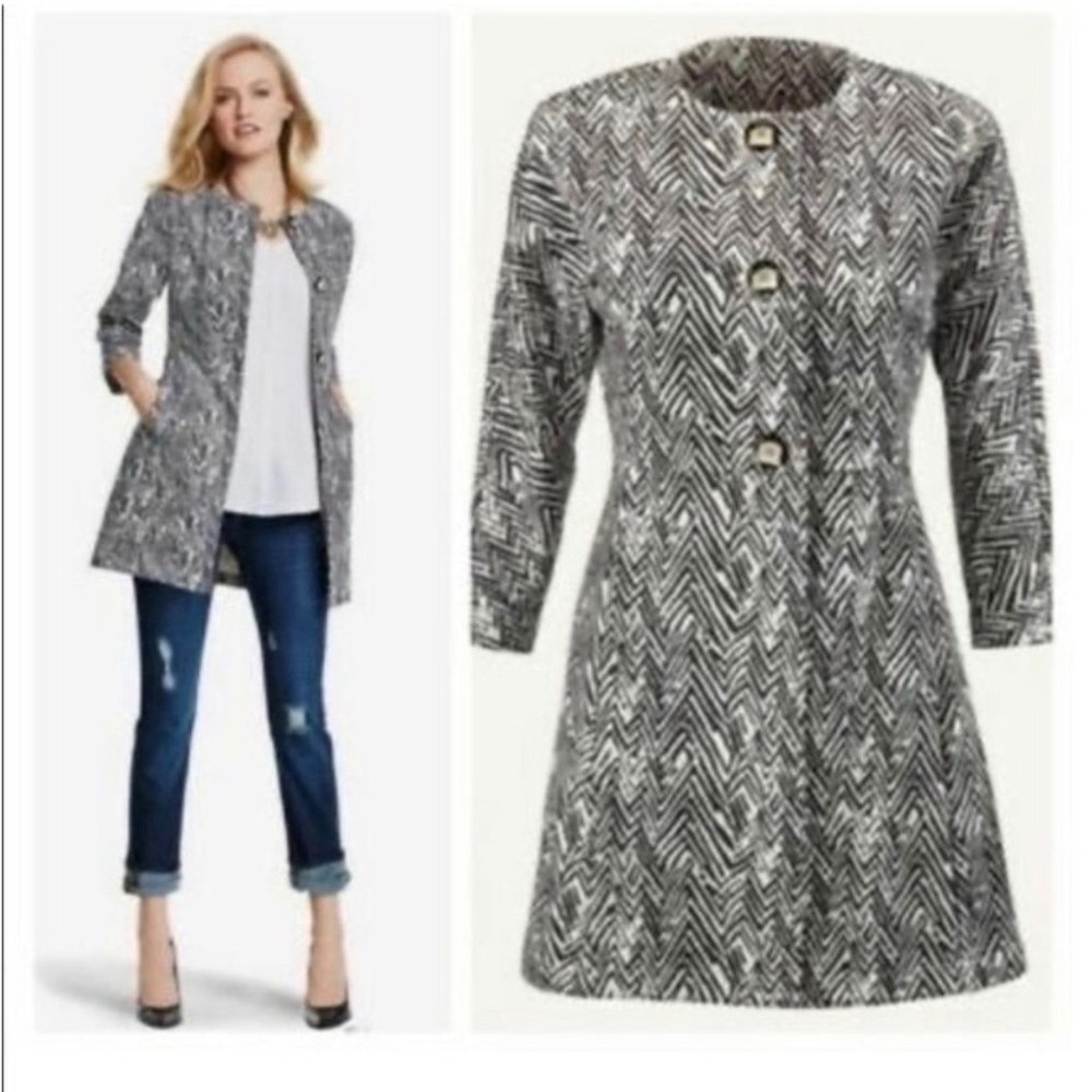 Cabi 3034 Women Black White Chevron Zig Zag Button Front A-Line Topper Jacket XS